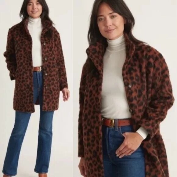 Marine Layer Stephanie Leopard Wool Overcoat Women M Brown Black Mob Wife Winter